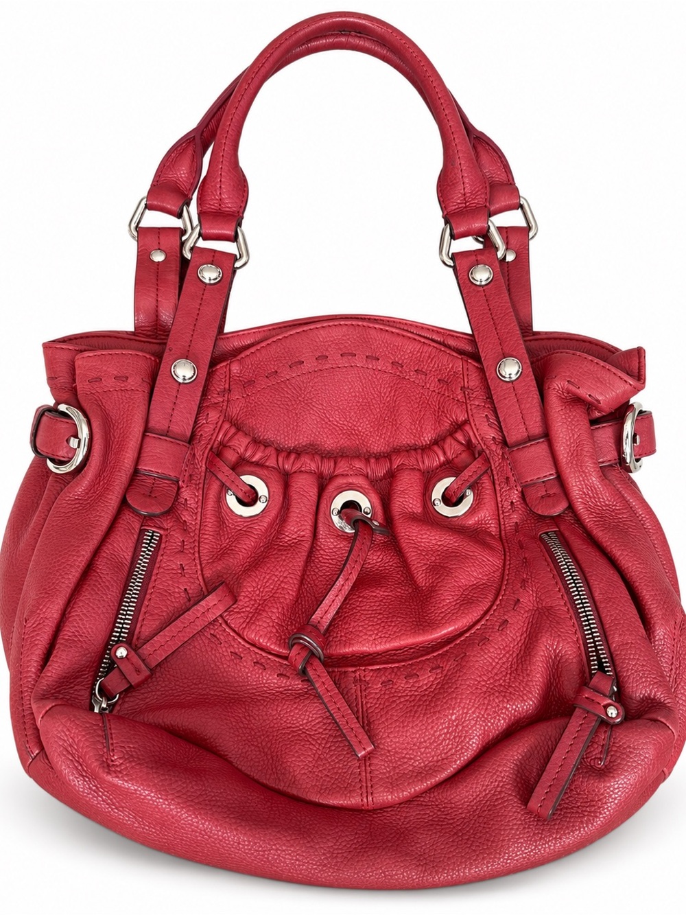 B. Makowsky Red Pebbled Leather Satchel Shoulder Bag Silver Hardware Large